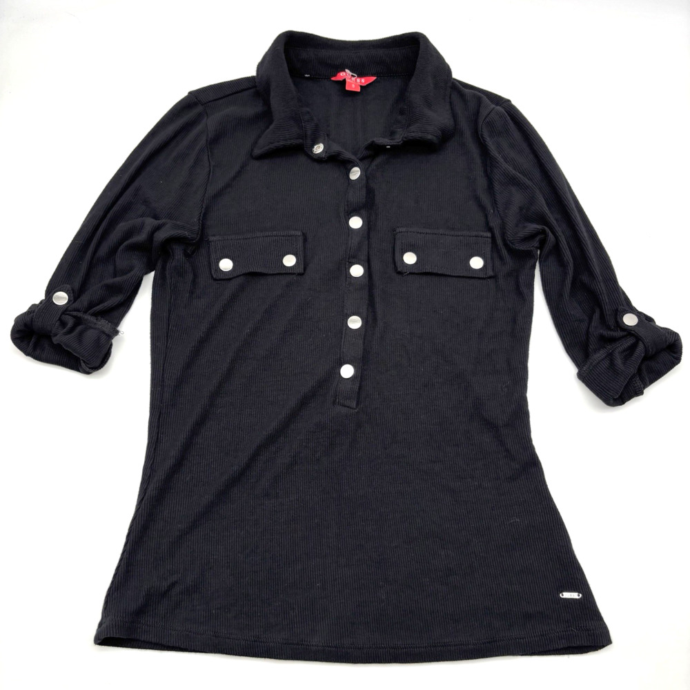 Guess Black Ribbed Rolled 3/4 Sleeve Button Down Collared Slinky Blouse Size S